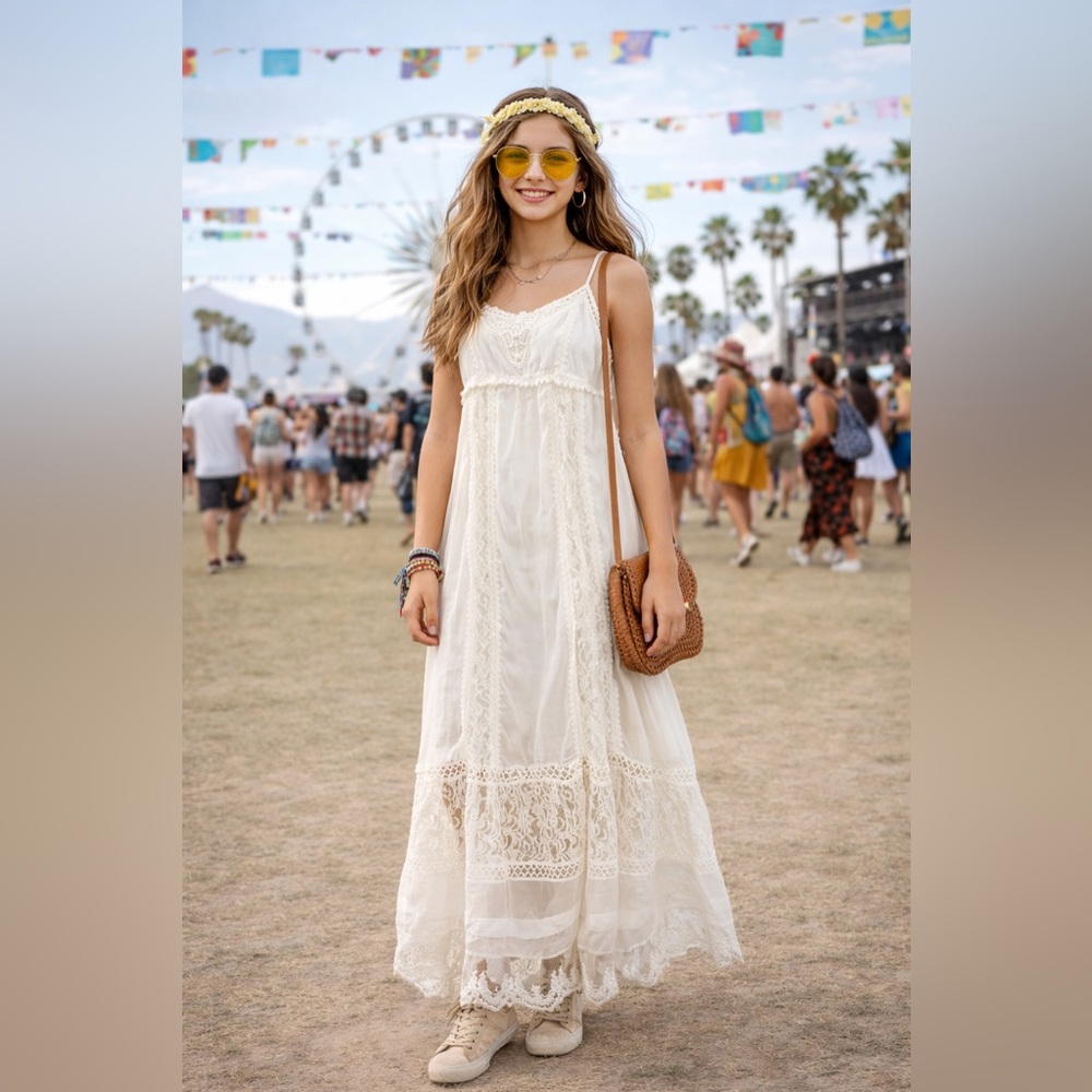 Fracomina White Lace Maxi Dress Boho Crochet Cottagecore Dress size small